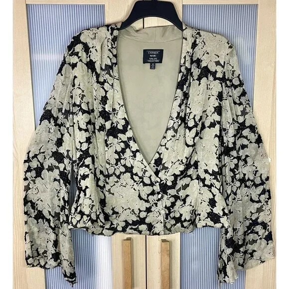 Carmen‎ Marc Valvo Beaded V-Neck Top Blouse Sz 14 Designer Party Wedding Silk - Picture 7 of 12